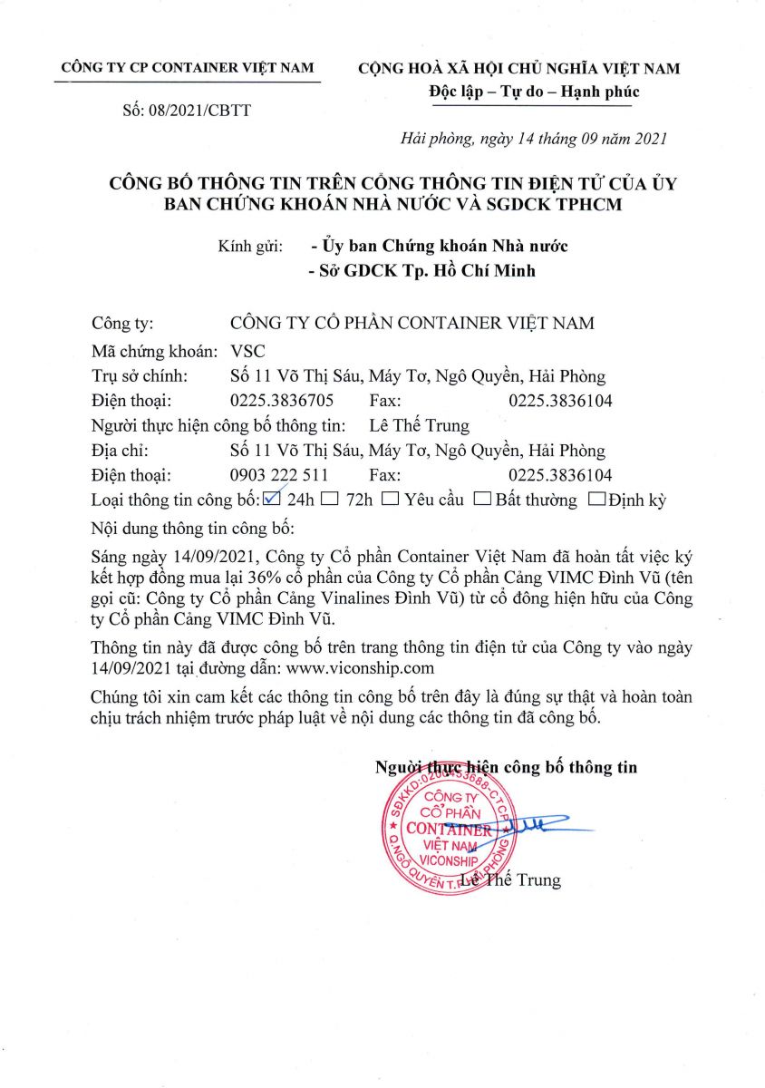 Công bố thông tin cổ đông lớn Cảng VIMC Đình Vũ